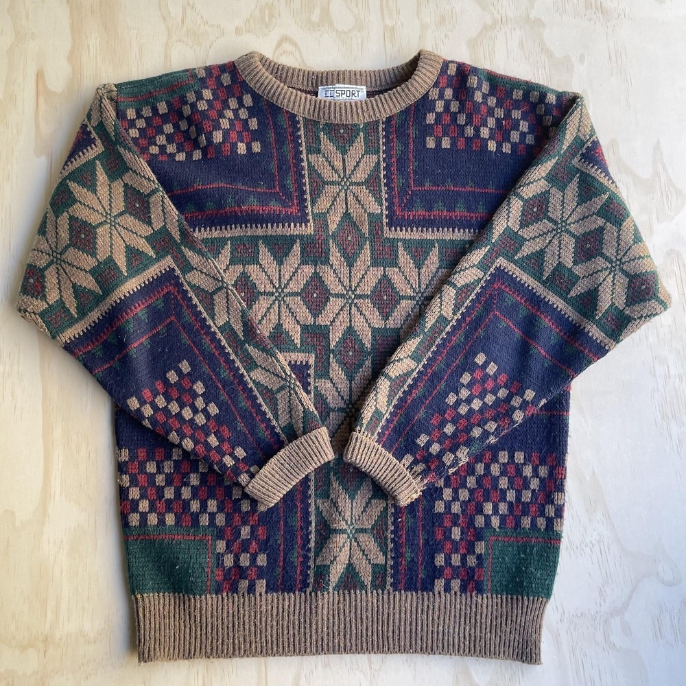 Vintage Sport Sweater Mens Medium Blue Fair Isle Wool Crewneck Knit Pullover